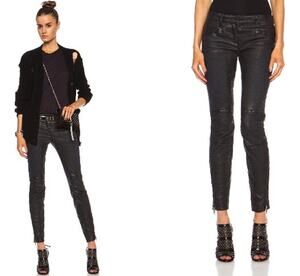 R13 Moto Skinny Jeans Size Women’s Black Coated Distressed Itallian Denim Sz 28